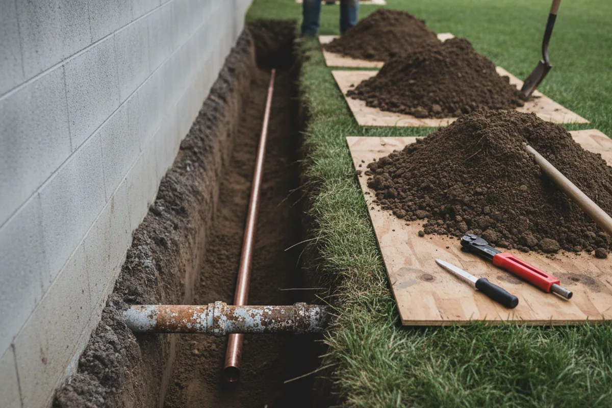 Excavated water line trench during Sewer Line Repair in Ledbetter